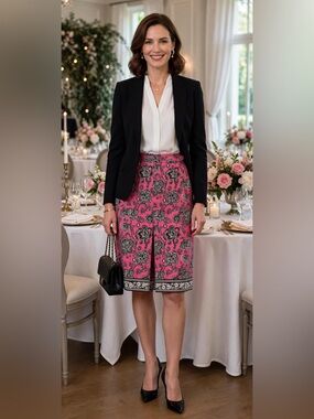 🔥2/$5 Harold's Vintage Pink Floral A-Line Skirt with Black Trim Size 4
